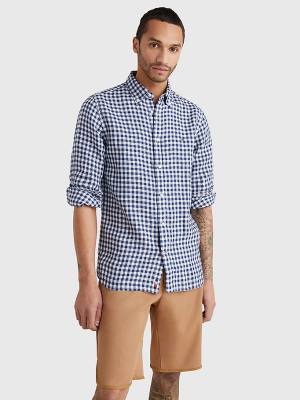 Blue Tommy Hilfiger Gingham Regular Fit Linen Men's Shirts | TH340XSB