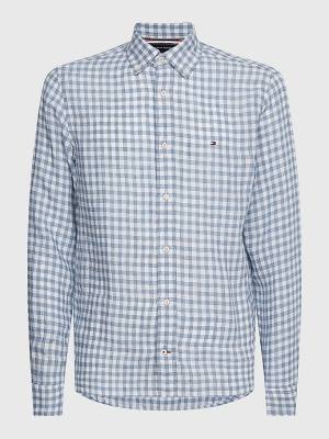 Blue Tommy Hilfiger Gingham Regular Fit Linen Men's Shirts | TH476PLV