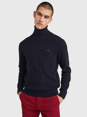 Blue Tommy Hilfiger Grid Check Roll Neck Jumper Men's Sweaters | TH349ZVR