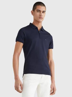 Blue Tommy Hilfiger Half-Zip Interlock Slim Fit Men's Polo Shirts | TH608RQY