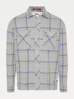 Blue Tommy Hilfiger Heathered Organic Cotton Check Overshirt Men's Shirts | TH091TMD