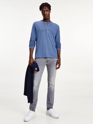 Blue Tommy Hilfiger Henley Long Sleeve Organic Cotton Men's T Shirts | TH291TIL