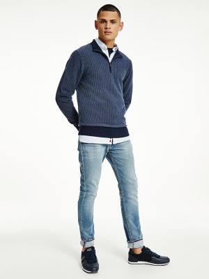 Blue Tommy Hilfiger Herringbone Knit Half-Zip Jumper Men's Sweaters | TH132QKD