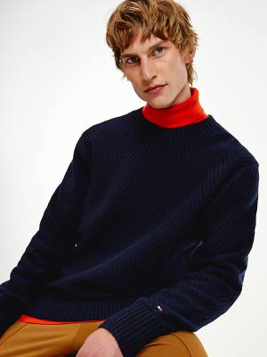 Blue Tommy Hilfiger Herringbone Weave Relaxed Fit Jumper Men's Sweaters | TH140PRG