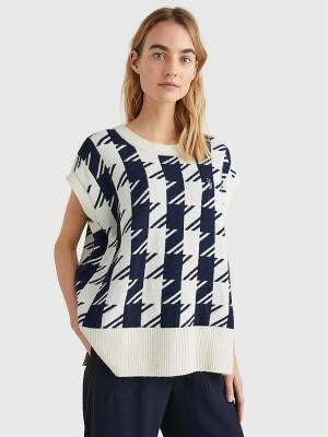 Blue Tommy Hilfiger Houndstooth Relaxed Crew Neck Vest Women's Sweaters | TH407VHK