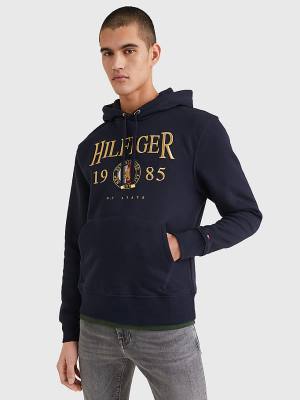 Blue Tommy Hilfiger Icons Logo Embroidery Relaxed Fit Men's Hoodie | TH421EOR