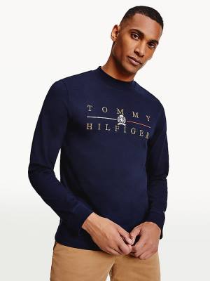 Blue Tommy Hilfiger Icons Mock Turtleneck Long Sleeve Men's T Shirts | TH286HOP