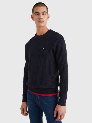 Blue Tommy Hilfiger Knitted Grid Check Crew Neck Jumper Men's Sweaters | TH618FCQ