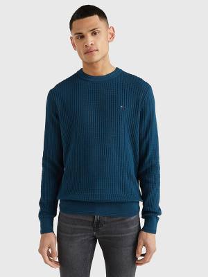 Blue Tommy Hilfiger Knitted Grid Check Crew Neck Jumper Men's Sweaters | TH680AHZ