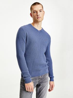 Blue Tommy Hilfiger Knitted Grid Check V-Neck Jumper Men's Sweaters | TH720SUG