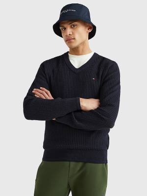 Blue Tommy Hilfiger Knitted Grid Check V-Neck Jumper Men's Sweaters | TH837XYL