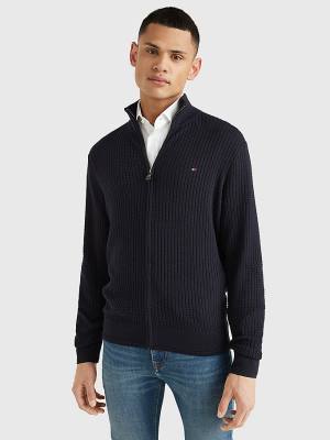 Blue Tommy Hilfiger Knitted Grid Check Zip-Thru Jumper Men's Sweaters | TH750TYM