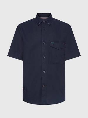 Blue Tommy Hilfiger Linen Blend Short Sleeve Men's Shirts | TH371TME