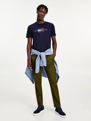 Blue Tommy Hilfiger Lines Logo Organic Cotton Men's T Shirts | TH924HRO