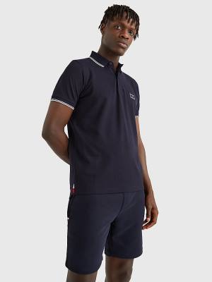 Blue Tommy Hilfiger Logo Contrast Tipped Slim Men's Polo Shirts | TH548GMQ