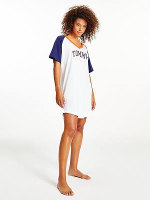 Blue Tommy Hilfiger Logo Contrast Trim Colour-Blocked Nightdress Women's Pyjamas | TH067PFC