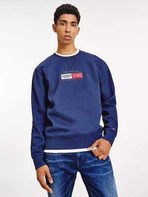 Blue Tommy Hilfiger Logo Crew Neck Men's Sweatshirts | TH369HSF