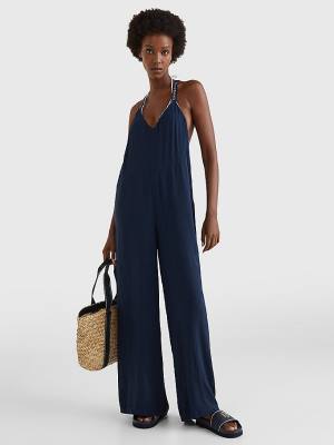 Blue Tommy Hilfiger Logo Crossover Strap V-Neck Jumpsuit Women's Swimwear | TH876RAE