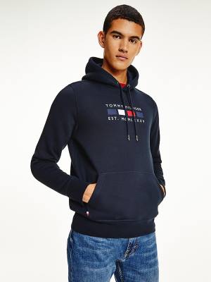 Blue Tommy Hilfiger Logo Embroidery Fleece Men's Hoodie | TH427CIO