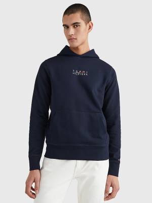 Blue Tommy Hilfiger Logo Embroidery Men's Hoodie | TH406TQY