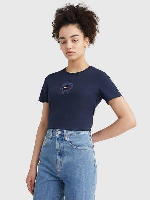 Blue Tommy Hilfiger Logo Embroidery Slim Fit Women's T Shirts | TH415QNE