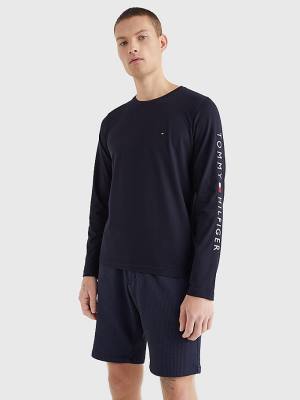 Blue Tommy Hilfiger Logo Long Sleeve Men's T Shirts | TH964UGX