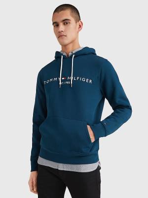 Blue Tommy Hilfiger Logo Men's Hoodie | TH569CRY