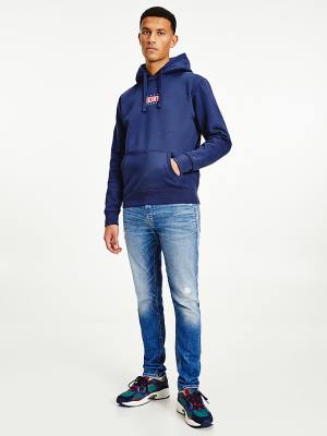 Blue Tommy Hilfiger Logo Men's Hoodie | TH823MOQ