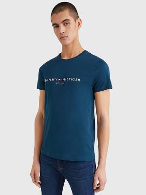 Blue Tommy Hilfiger Logo Men's T Shirts | TH083VZS