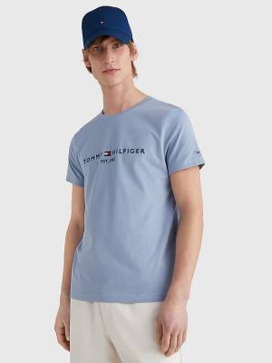 Blue Tommy Hilfiger Logo Men's T Shirts | TH273ZVU