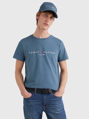 Blue Tommy Hilfiger Logo Men's T Shirts | TH810JZP