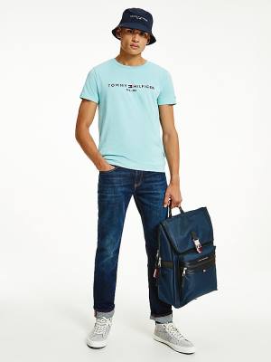 Blue Tommy Hilfiger Logo Men's T Shirts | TH845HQR