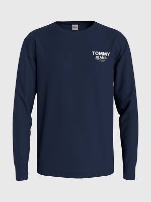 Blue Tommy Hilfiger Logo Tape Long Sleeve Men's T Shirts | TH674EDS