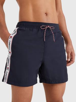 Blue Tommy Hilfiger Logo Tape Slim Fit Mid Length Shorts Men's Swimwear | TH238MQR