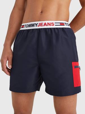 Blue Tommy Hilfiger Logo Waistband Mid Length Shorts Men's Swimwear | TH298ATM