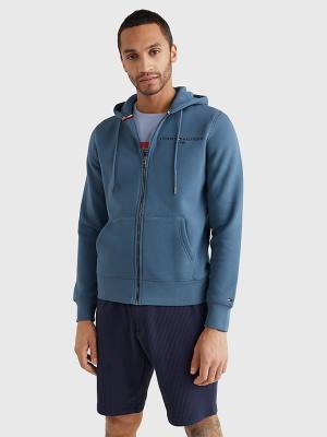 Blue Tommy Hilfiger Logo Zip-Thru Men's Hoodie | TH593IXM