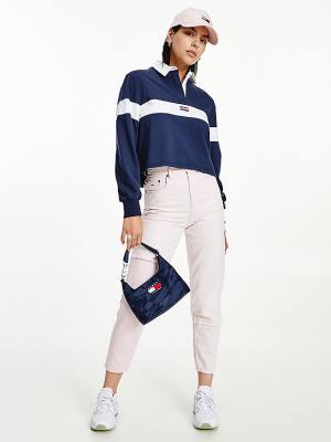 Blue Tommy Hilfiger Long Sleeve Cropped Stripe Rugby Shirt Women's Polo Shirts | TH980ALC