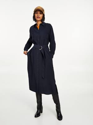 Blue Tommy Hilfiger Long Sleeve Midi Shirt Women's Dress | TH532KBI