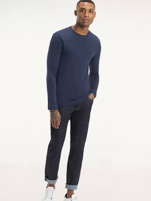 Blue Tommy Hilfiger Long Sleeved Ribbed Organic Cotton Men's T Shirts | TH089UJO