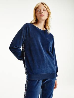 Blue Tommy Hilfiger Lounge Logo Tape Velour Sweatshirt Women's T Shirts | TH910SBF