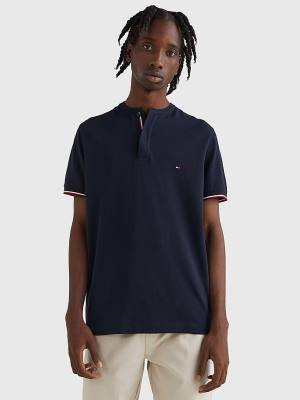 Blue Tommy Hilfiger Mandarin Collar Slim Fit Men's Polo Shirts | TH064USJ