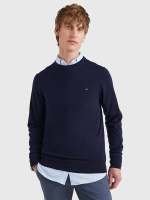 Blue Tommy Hilfiger Merino Wool Crew Neck Jumper Men's Sweaters | TH812NUM