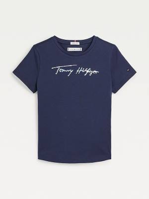 Blue Tommy Hilfiger Metallic Signature Logo Girls' T Shirts | TH260CBS