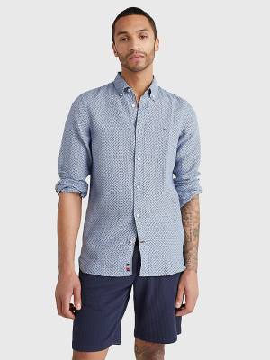 Blue Tommy Hilfiger Micro Print Linen Men's Shirts | TH810YCU