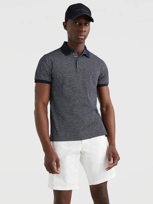 Blue Tommy Hilfiger Micro Print Slim Fit Men's Polo Shirts | TH964YGM