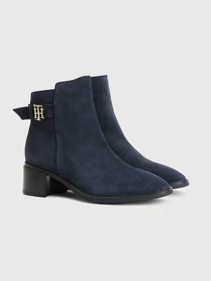 Blue Tommy Hilfiger Monogram Buckle Mid Heel Ankle Women's Boots | TH810KNU