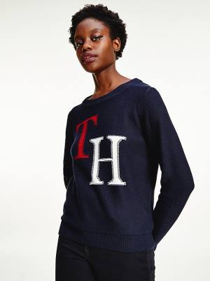 Blue Tommy Hilfiger Monogram Knit Round Neck Jumper Women's Sweaters | TH834ORV