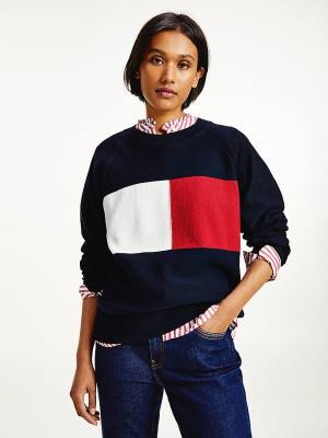 Blue Tommy Hilfiger Organic Cotton Colour-Blocked Flag Jumper Women's Sweaters | TH364WVO