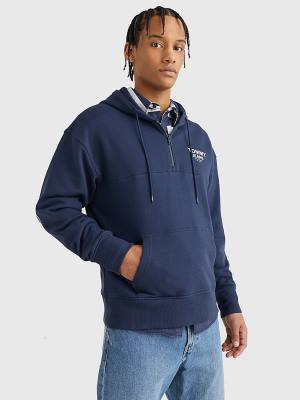 Blue Tommy Hilfiger Organic Cotton Logo Tape Men's Hoodie | TH348QFL