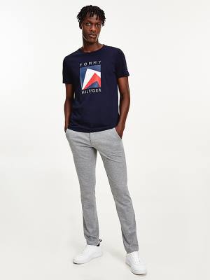 Blue Tommy Hilfiger Organic Cotton Logo Men's T Shirts | TH541HYN